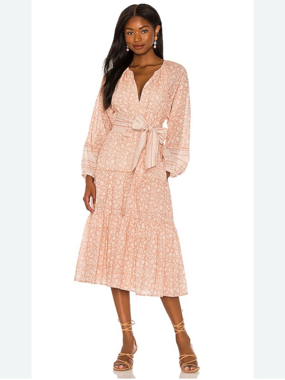 Cleobella Peach Printed Tie-Waist Midi Dress
